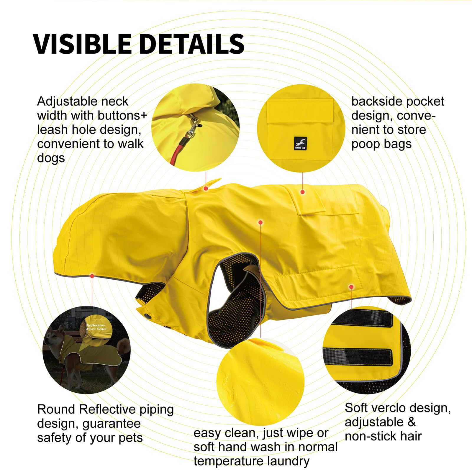 Manteau Flying Tail pour chien avec ouverture pour laisse sans retirer le vêtement.