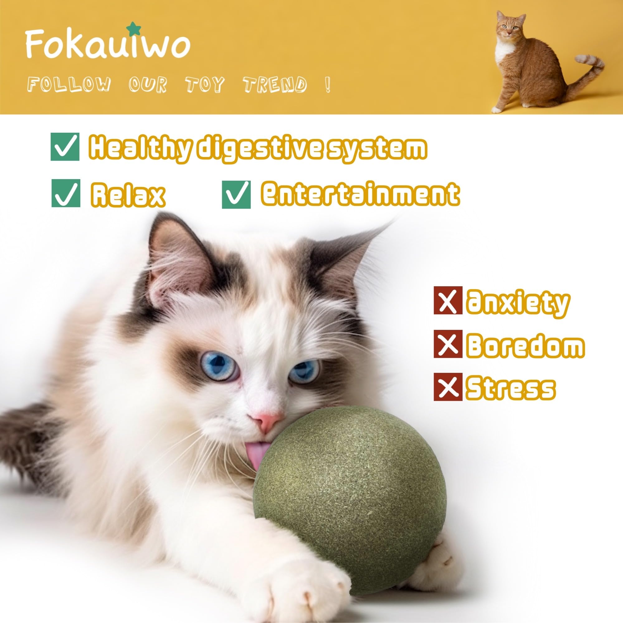 Détail des ingrédients naturels Fokauiwo balle catnip pour sécurité et confort.