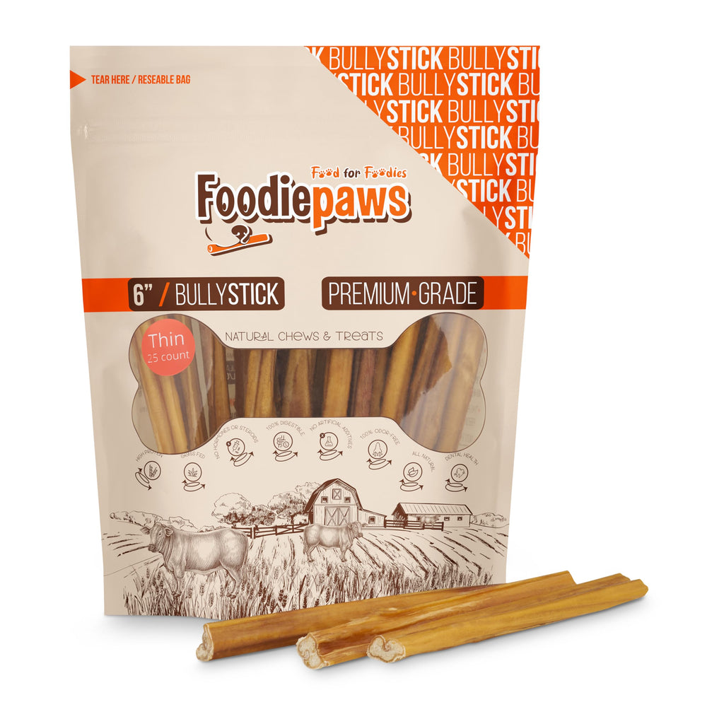 FOODIEPAWS bâtonnet Bully 6 pouces en emballage, collation naturelle riche en protéines.