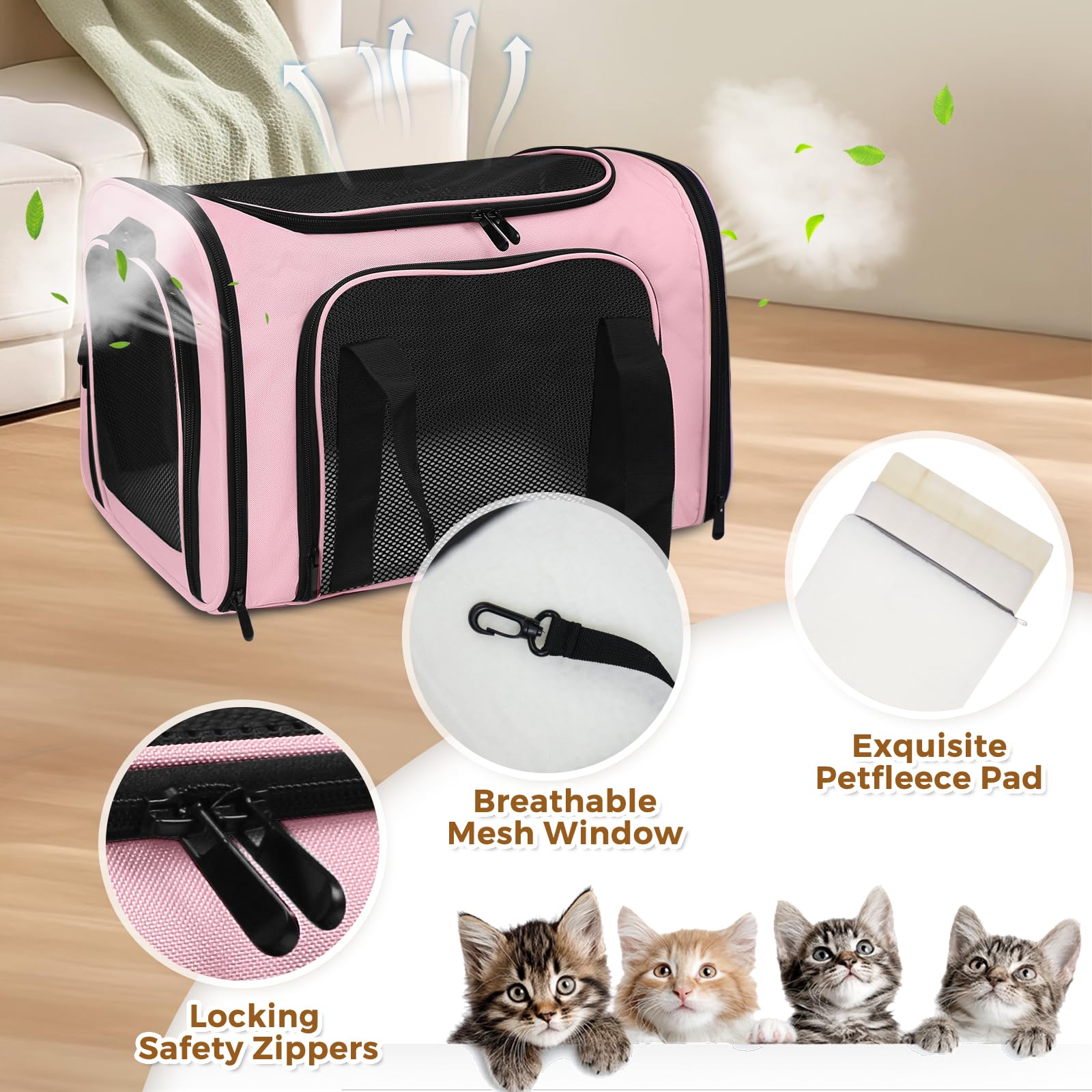 FOORLON porte-chat souple rose, fermetures éclair verrouillables pour la sécurité.