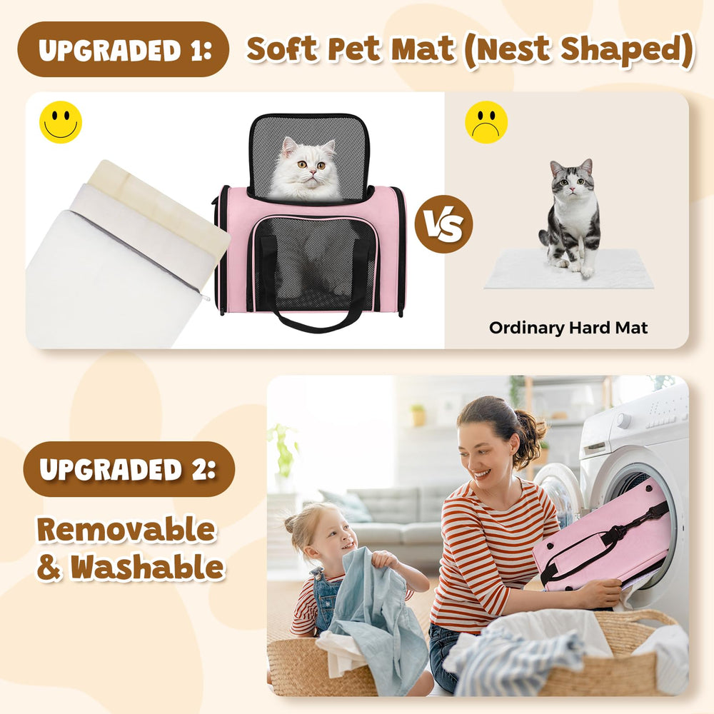 FOORLON porte-chat souple rose, poignées rembourrées pour transport confortable.