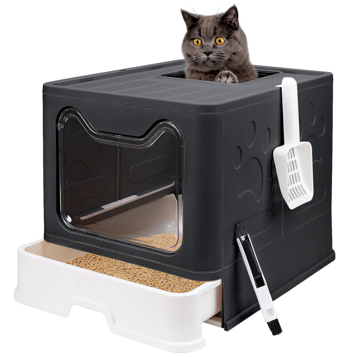 Boîte litière Fophop pliante avec couvercle, pratique et facile à ranger.