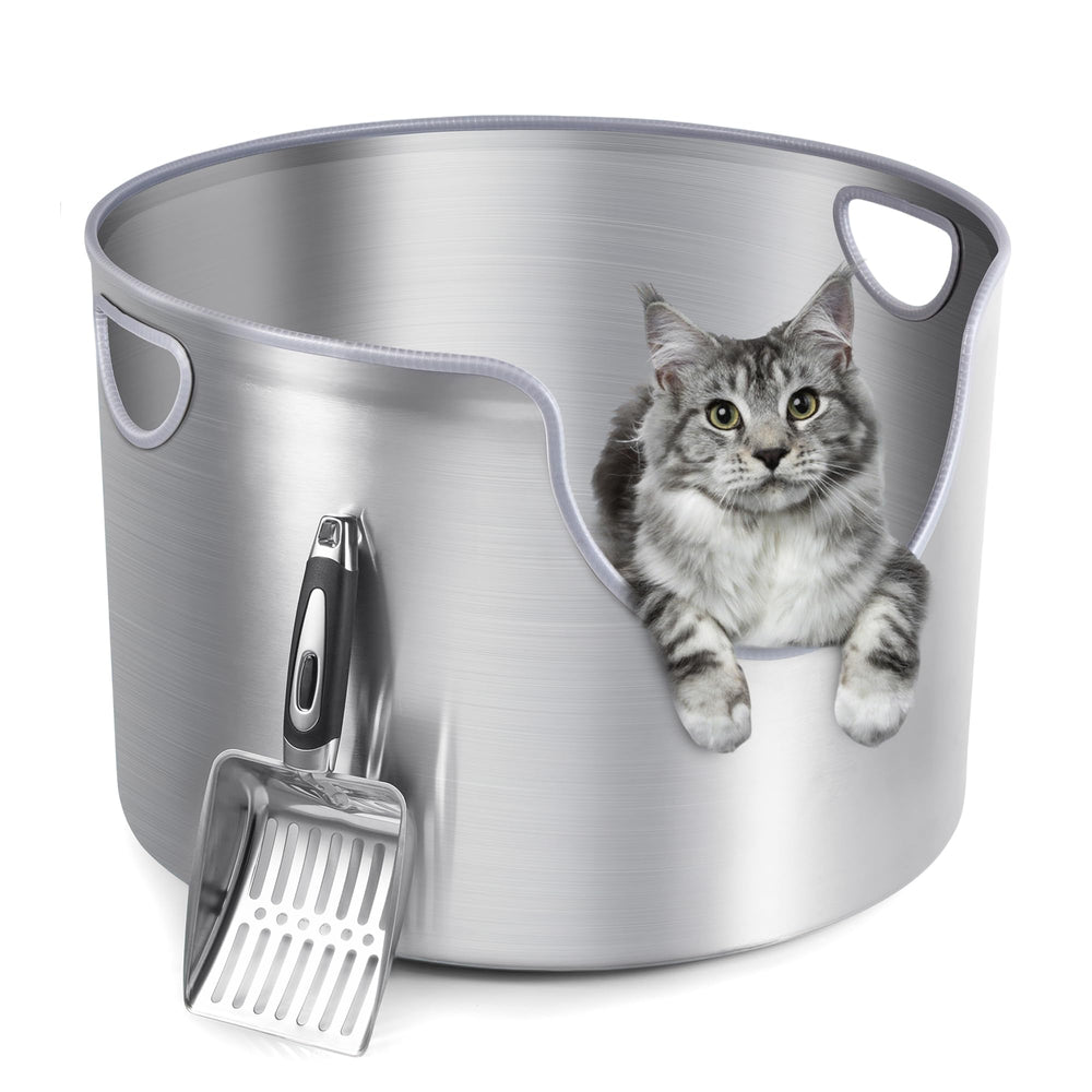 FOPUNB bac à litière acier inox round XL: facile à nettoyer et spacieux pour grands chats.