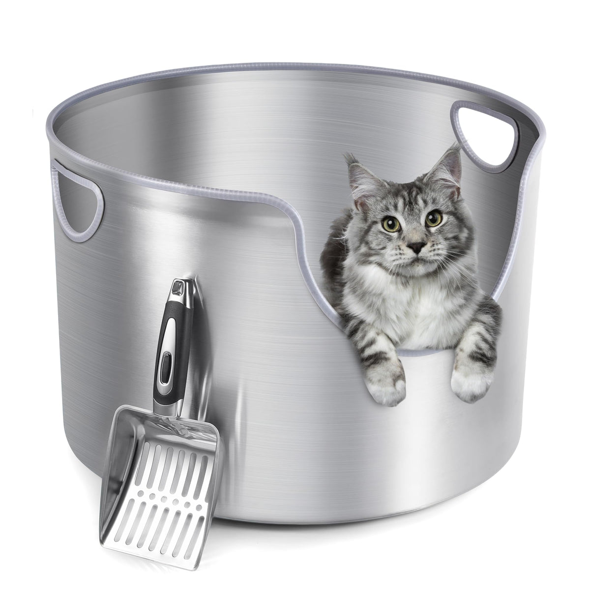 FOPUNB bac à litière acier inox round XL: facile à nettoyer et spacieux pour grands chats.