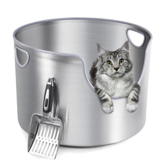 FOPUNB bac à litière acier inox round XL: facile à nettoyer et spacieux pour grands chats.