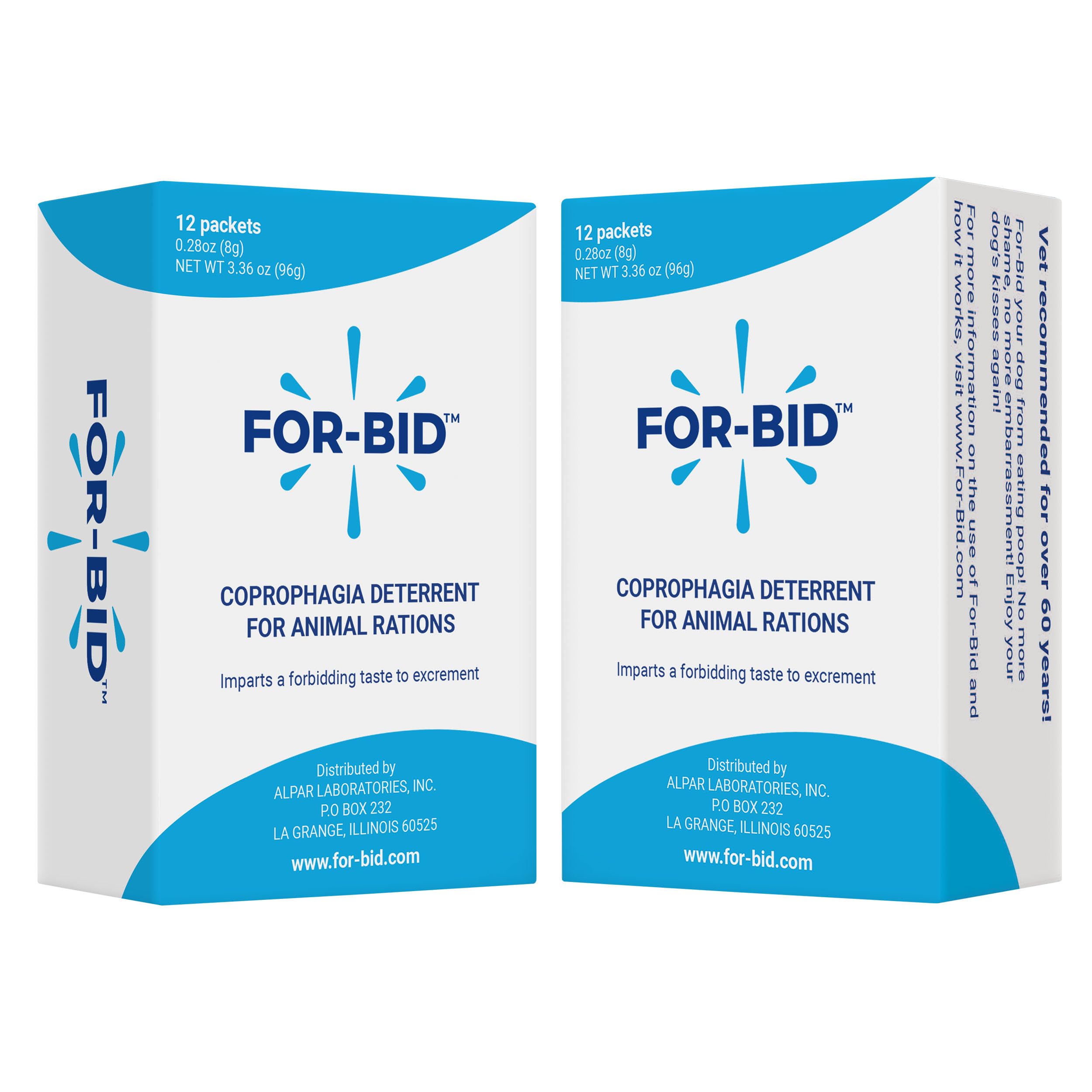 For-Bid, poudre sur nourriture, aide potentielle à dissuader la coprophagie canine.