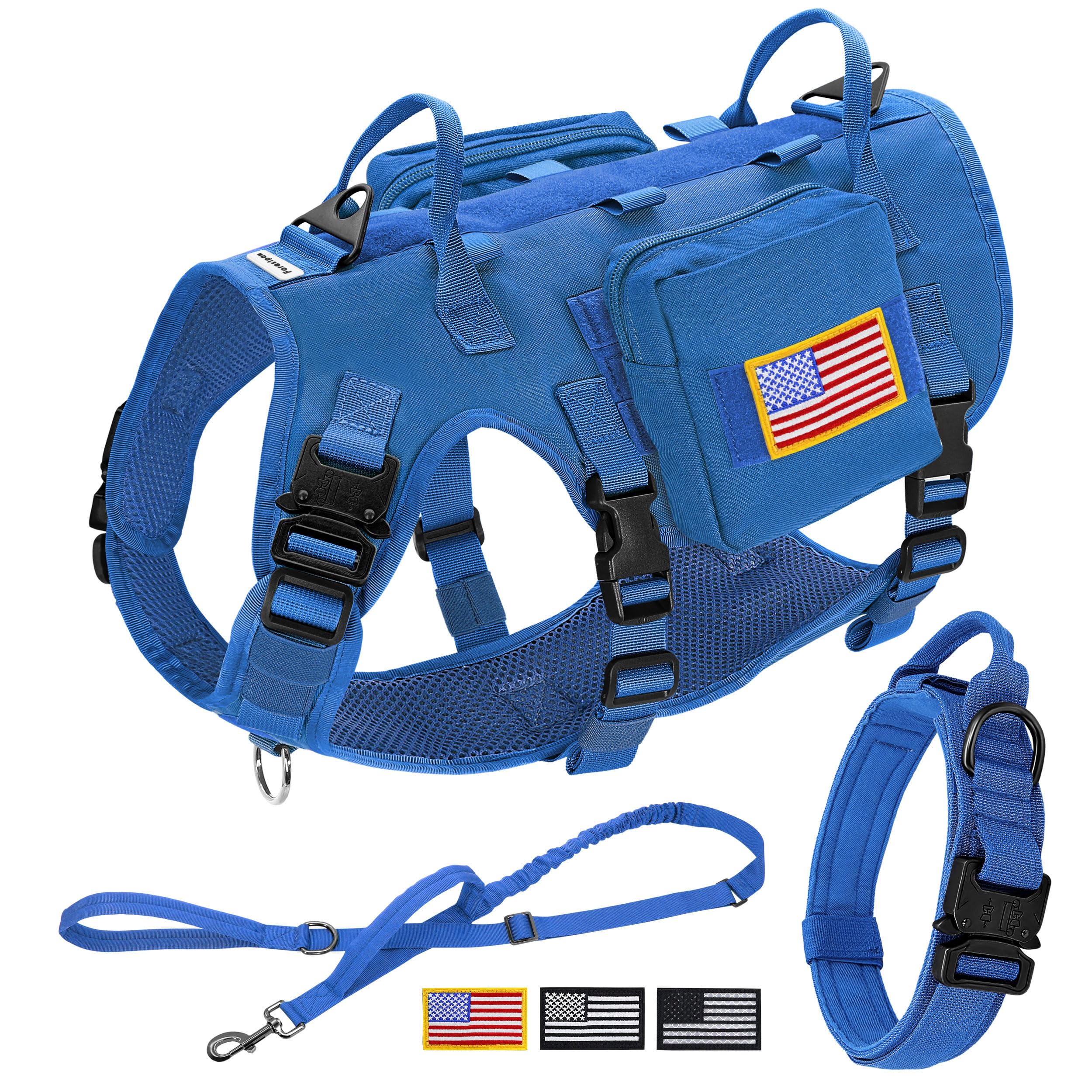 Harnais tactique Forestpaw bleu pour chien grand, confort et sécurité lors des promenades.