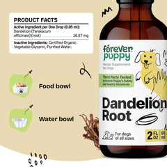 Forever Puppy Dandelion Root Drops, compte-gouttes montrant dosage précis.
