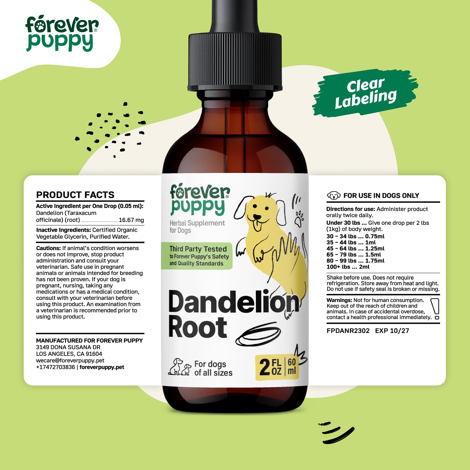 Forever Puppy Dandelion Root Drops, flacon compact et pratique pour le quotidien.