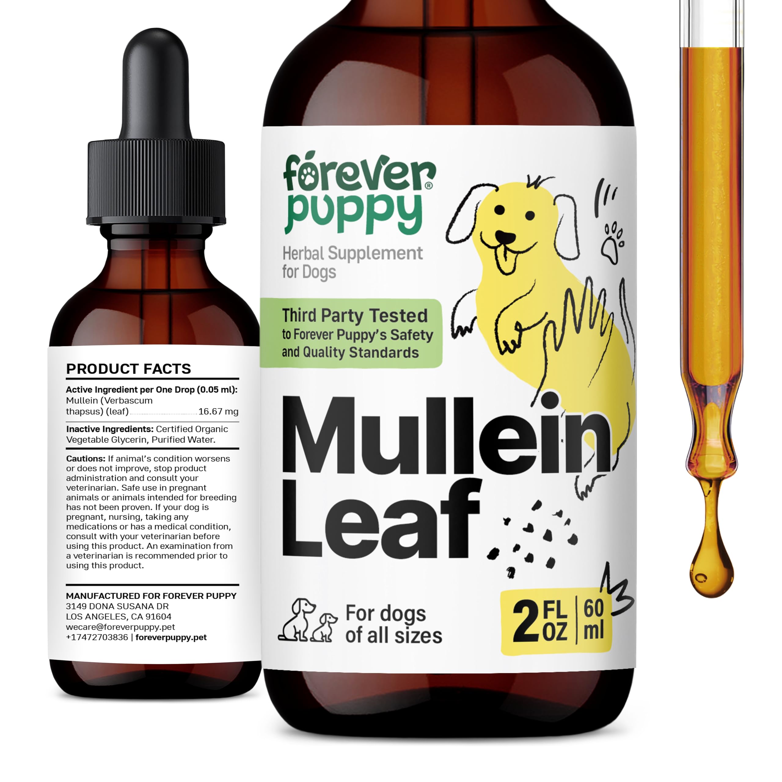 Forever Puppy gouttes mullein – bouteille prête à l'emploi pour soutenir la respiration du chien.
