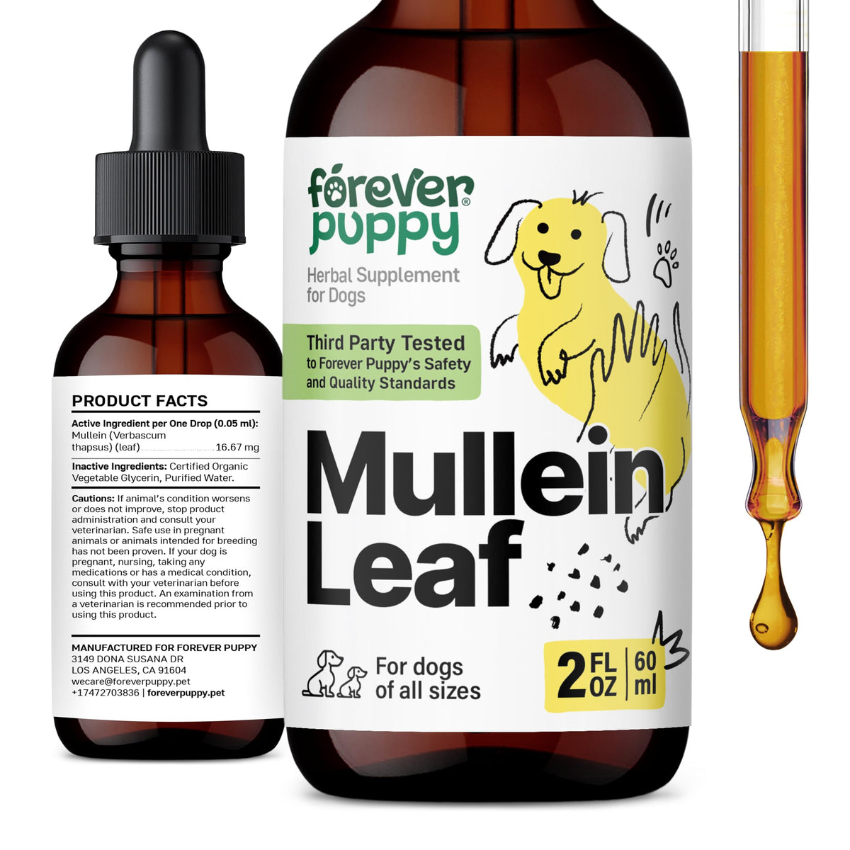 Forever Puppy gouttes mullein – bouteille prête à l'emploi pour soutenir la respiration du chien.