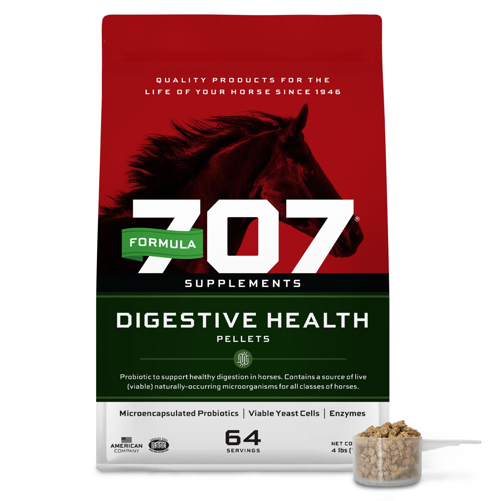 Formula 707, pellets digestifs, faciles à intégrer à la ration quotidienne du cheval.