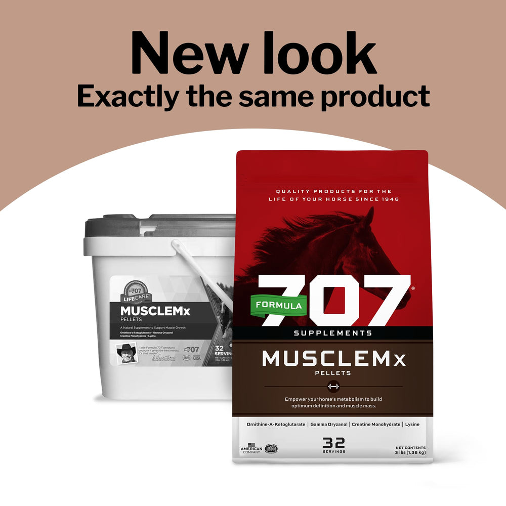 Formula 707 MuscleMx lysine et gamma-oryzanol visibles sur l’étiquette pour le cheval.