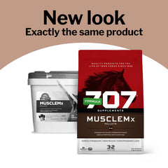 Formula 707 MuscleMx lysine et gamma-oryzanol visibles sur l’étiquette pour le cheval.