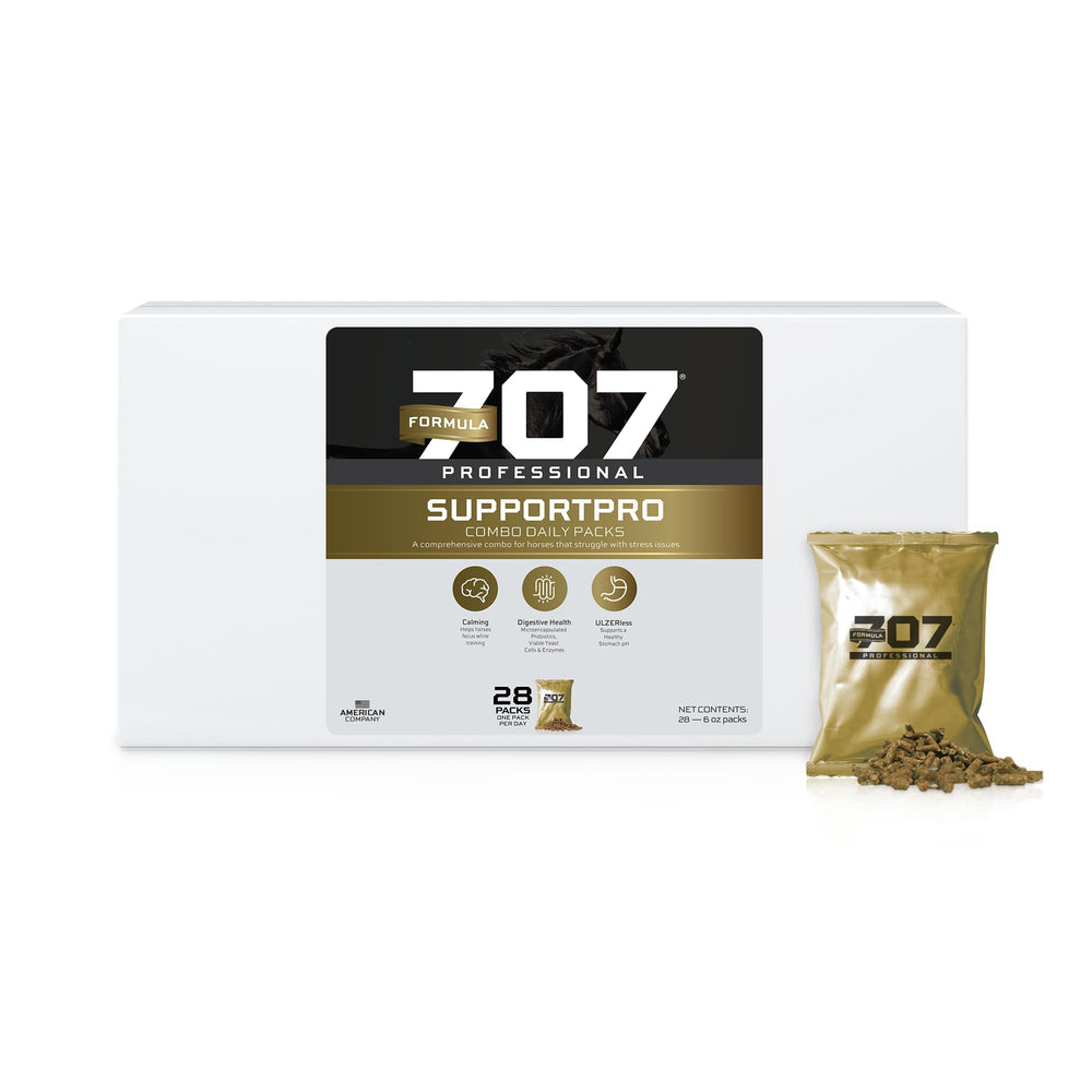 Formule 707 Support Pro — paquets quotidiens pour chevaux, calme potentiel avant les compétitions.