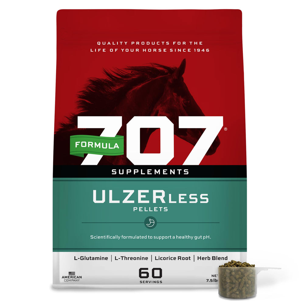 Flacon Formula 707 ULZERless sur étagère, confort estomac naturel pour cheval.
