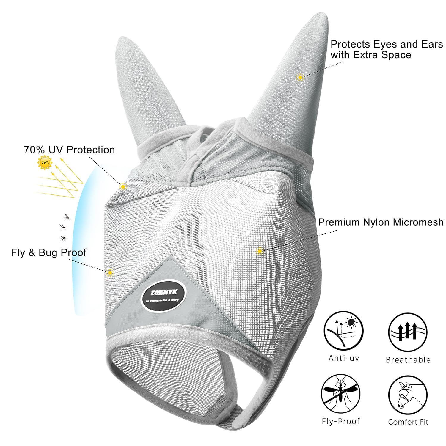 Fornyk masque cheval anti-mouches avec oreilles bleu, ventilation confortable.