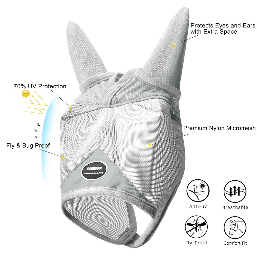Fornyk masque cheval anti-mouches avec oreilles bleu, ventilation confortable.