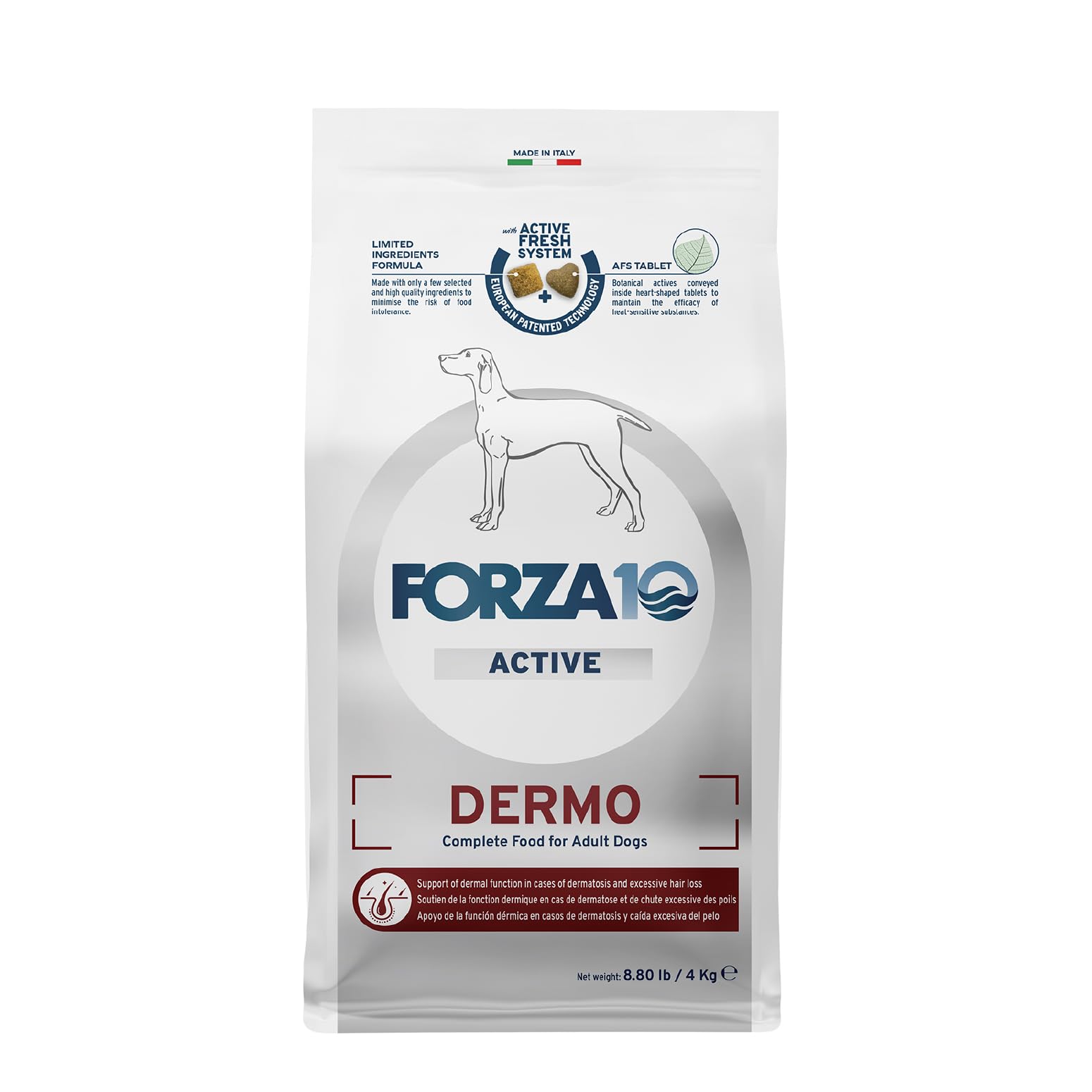 Forza10 Dermo Sec emballage, croquettes hypoallergéniques pour chien, alimentation adaptée