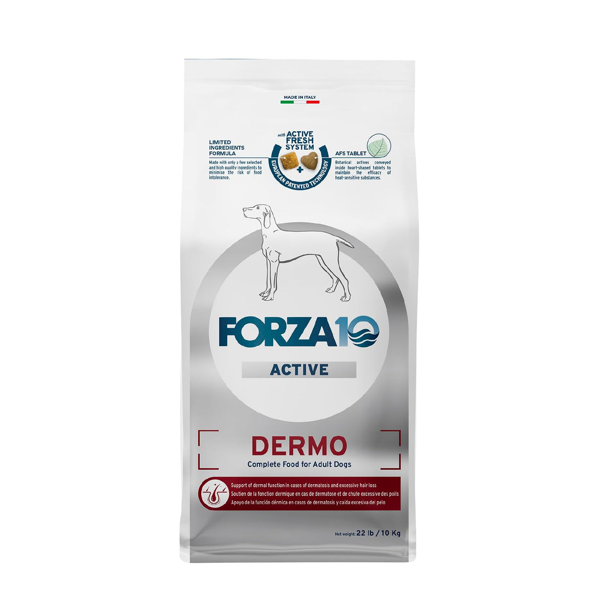 Forza10 – croquettes dermo sec au poisson pour peau saine et pelage brillant.