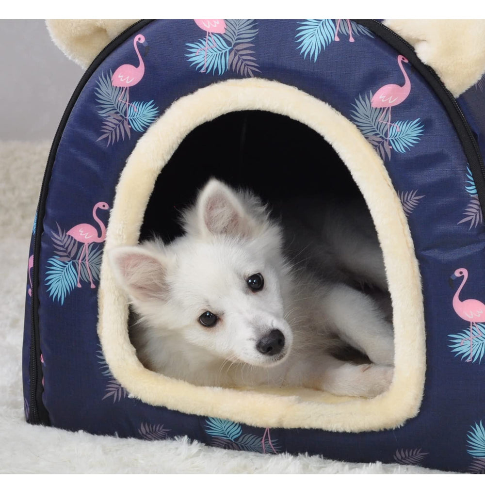 FOUIYIUTU Lit-chien XL Flamingo – dôme ouvert, ventilation en été.