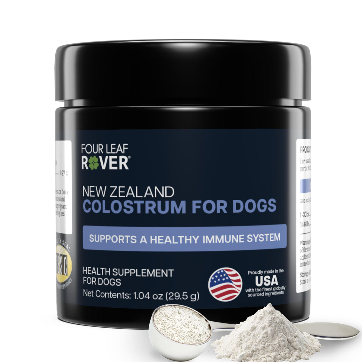 FOUR LEAF ROVER Colostrum pour chiens - bouteille visible, soutien potentiel peau et immunité.