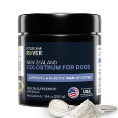 FOUR LEAF ROVER Colostrum pour chiens - bouteille visible, soutien potentiel peau et immunité.