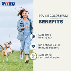 FOUR LEAF ROVER Colostrum - étiquette claire avec origine Nouvelle-Zélande et ingrédients.