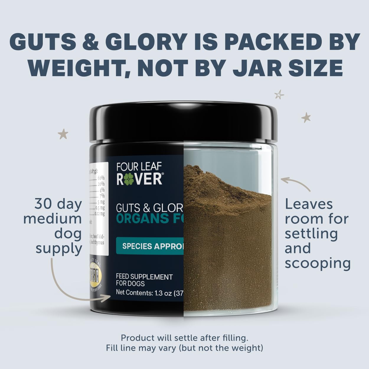Four Leaf Rover Guts & Glory rate : mélange d’organes riche en minéraux et taurine naturelle.