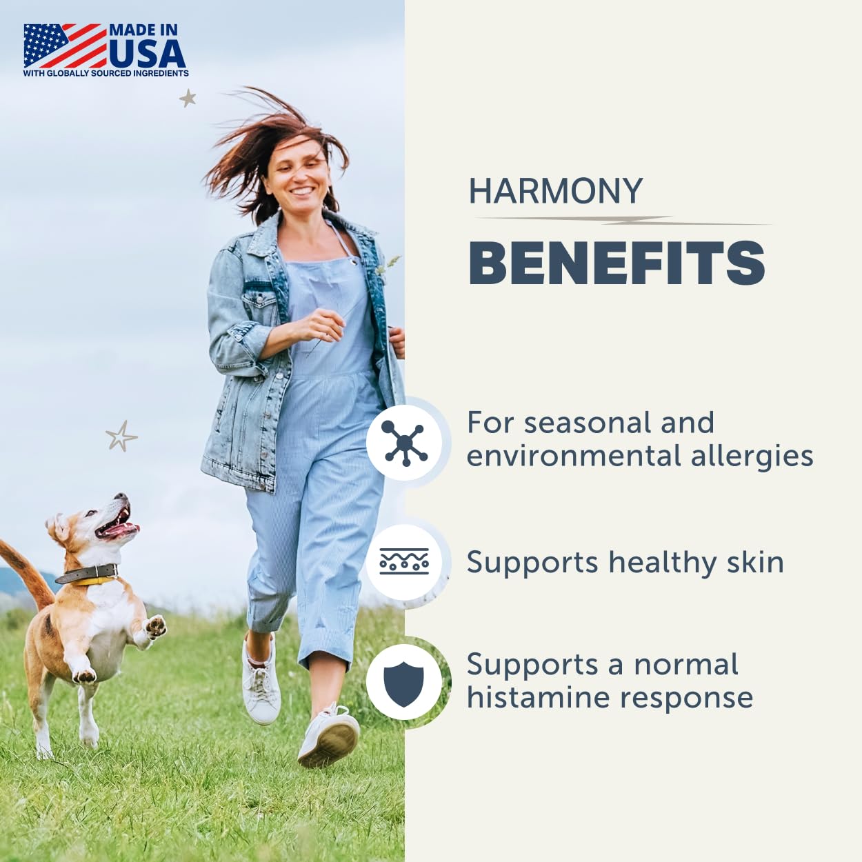 Harmony ingrédients quercetine – ingrédients clés pour soutenir les allergies cutanées possibles.