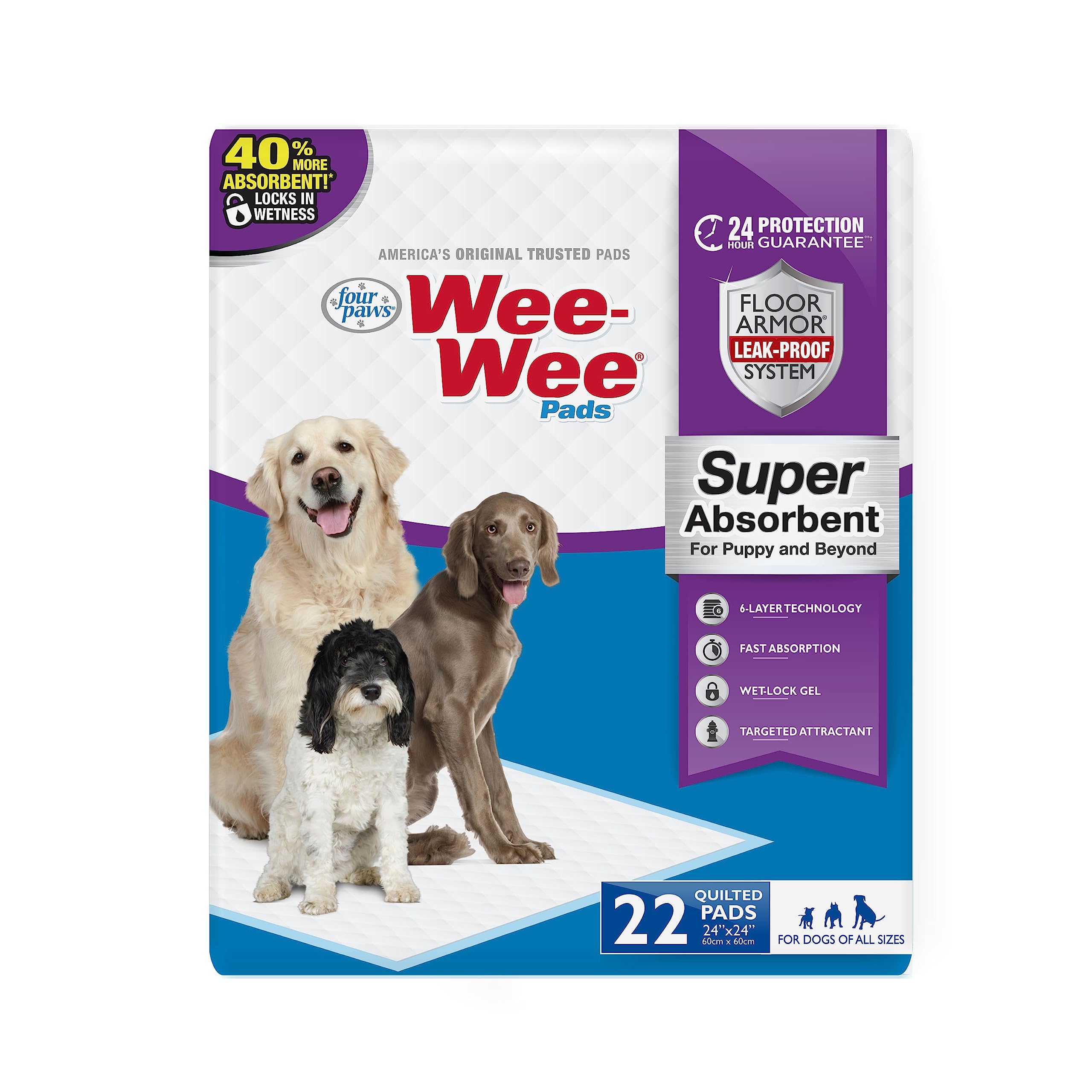 Couches-pads absorbants Four Paws Wee-Wee avec frontière Insta-Rise pour l’entraînement propre.