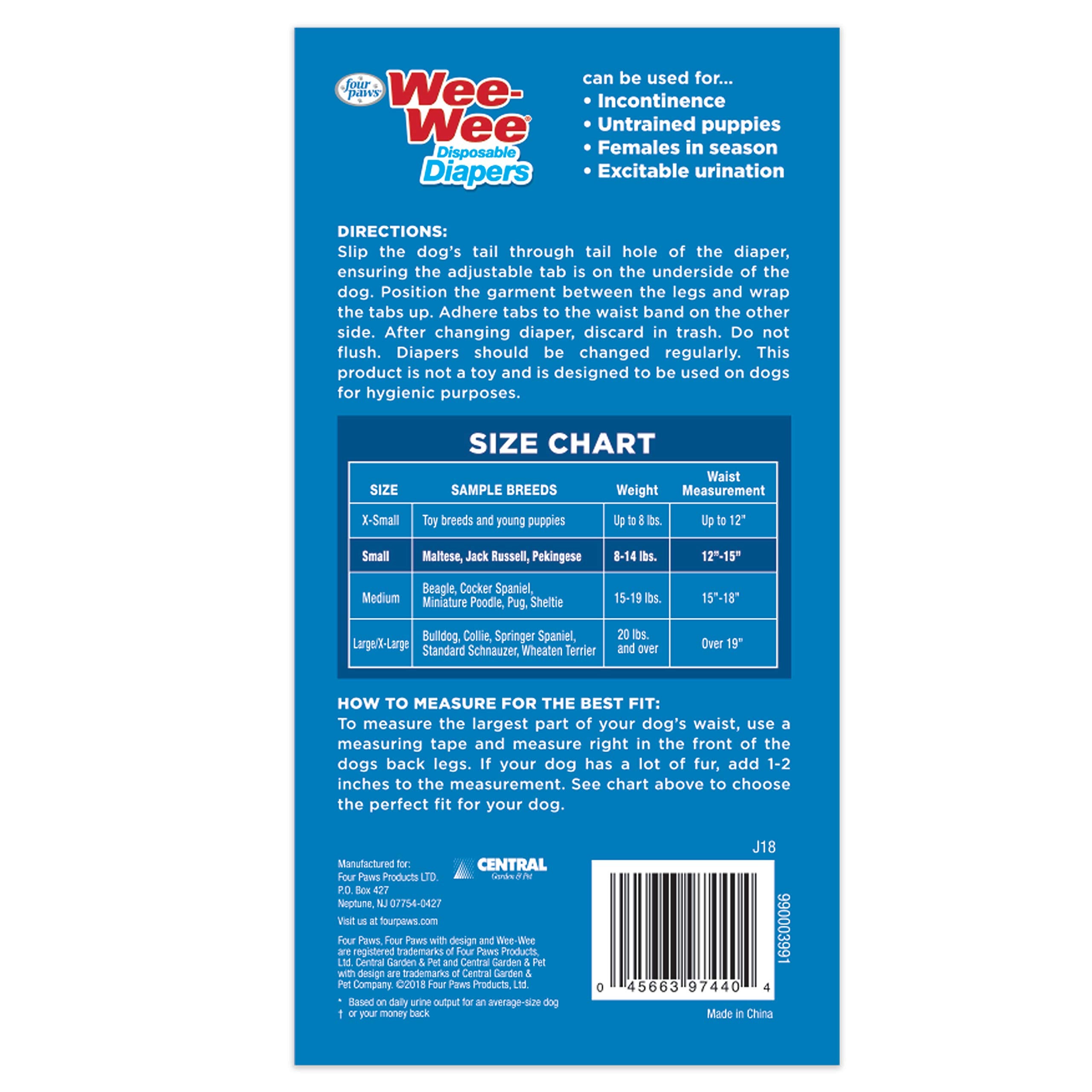 Four Paws Wee-Wee paquet de 36 couches taille small pour tour de taille 12–15 pouces