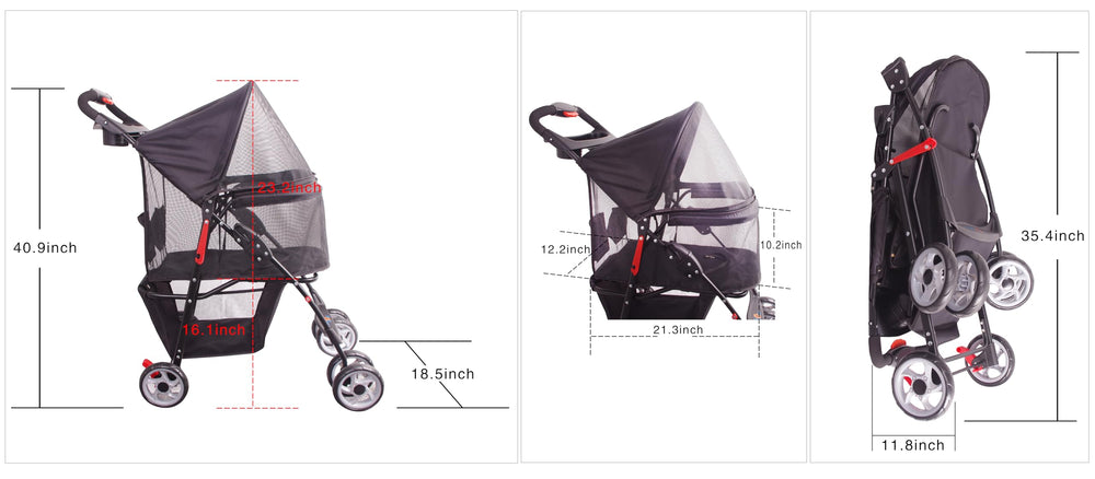 Poussette FOURPAW Roues rotatives 360 pour une conduite facile et fluide.