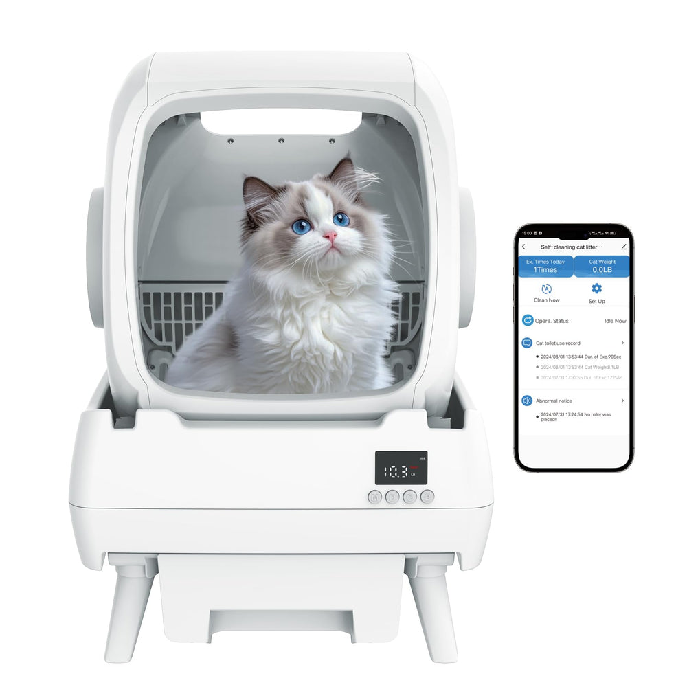 FRCFRC Boîte-litière automatique, vue face, pratique pour un chat heureux.