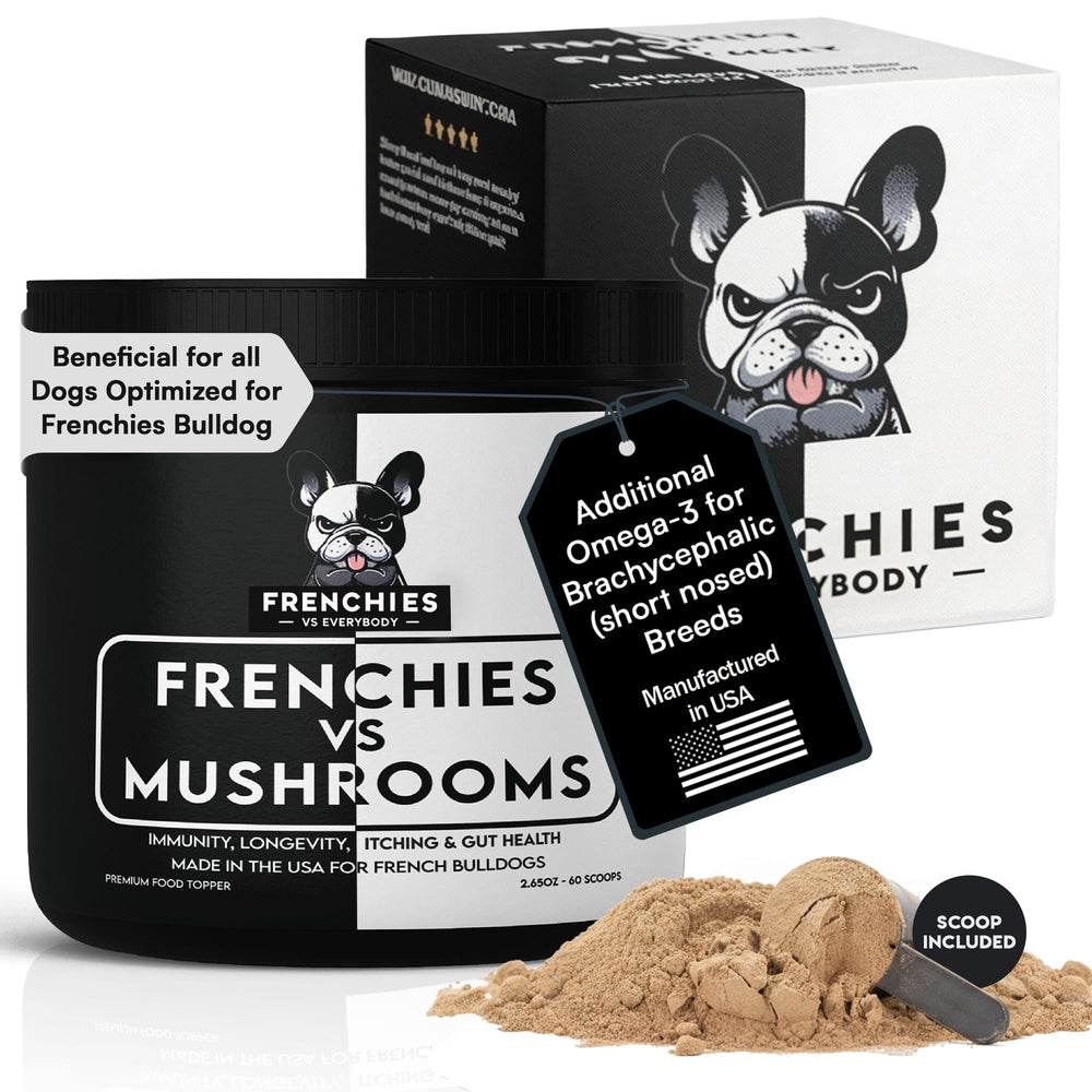 Bouteille Frenchies vs Everybody avec queue de tramète, soutien immunitaire potentiel.