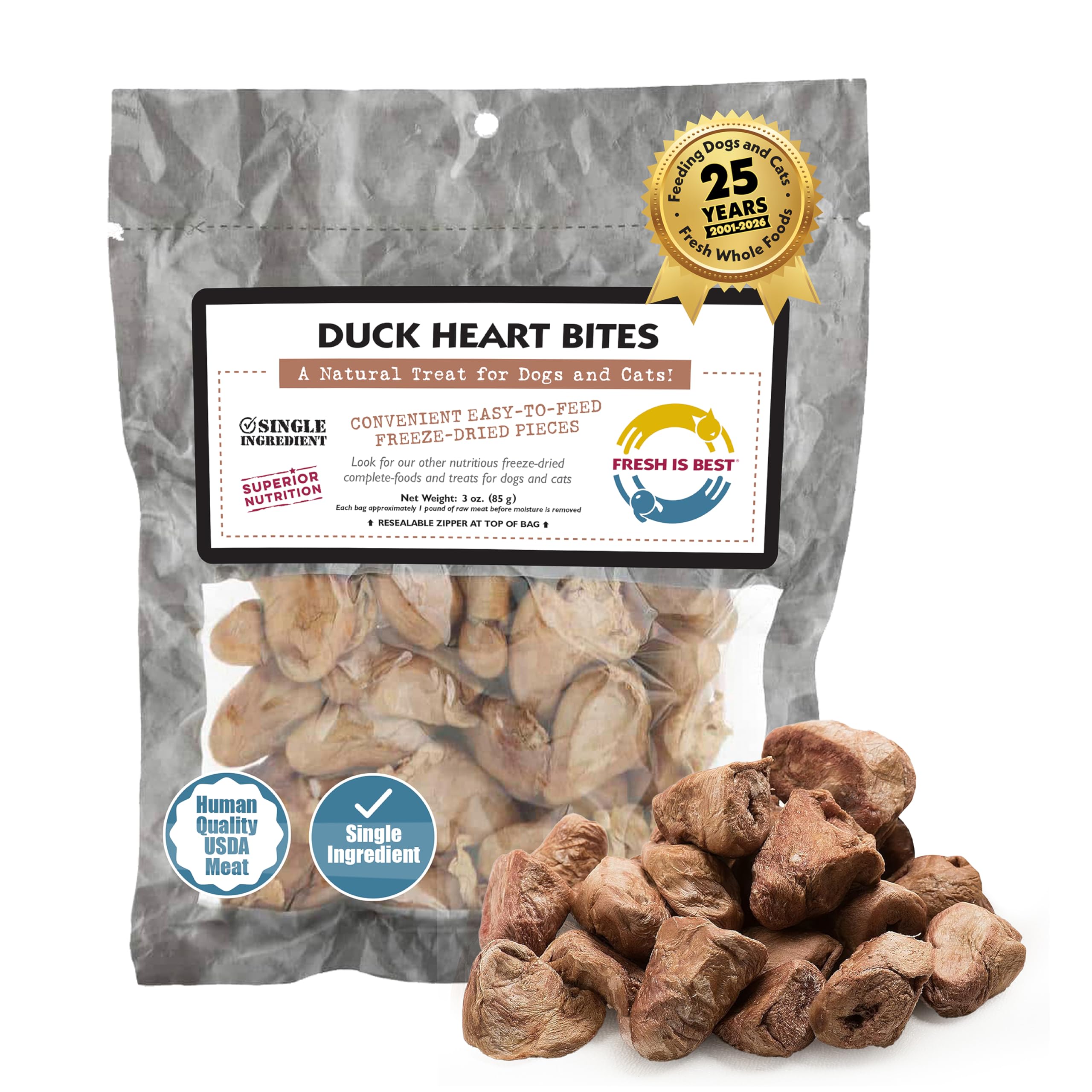Fresh Is Best — cœur de canard séché, protéines élevées pour chiens.