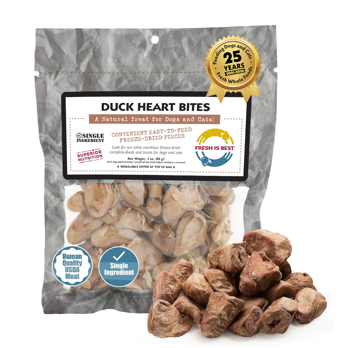 Fresh Is Best — cœur de canard séché, protéines élevées pour chiens.