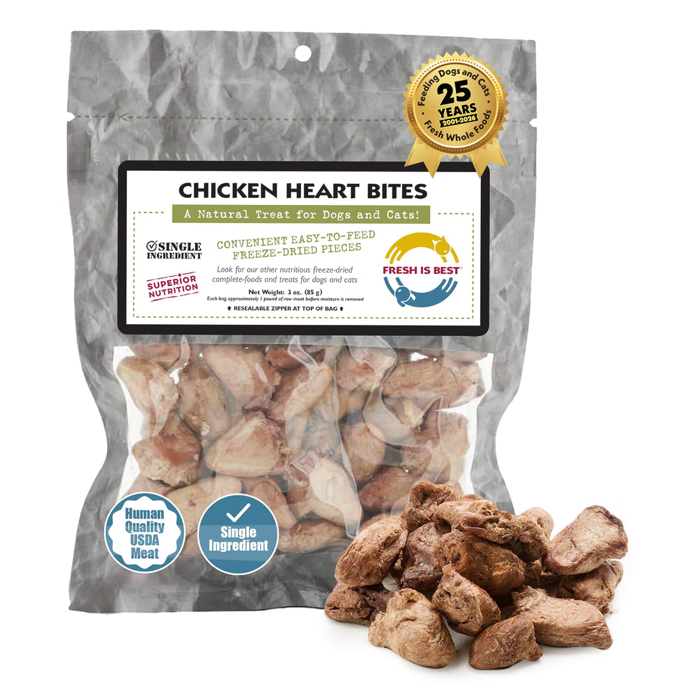 Fresh Is Best : coeurs de poulet sec dans l'emballage, idéal pour récompenser.