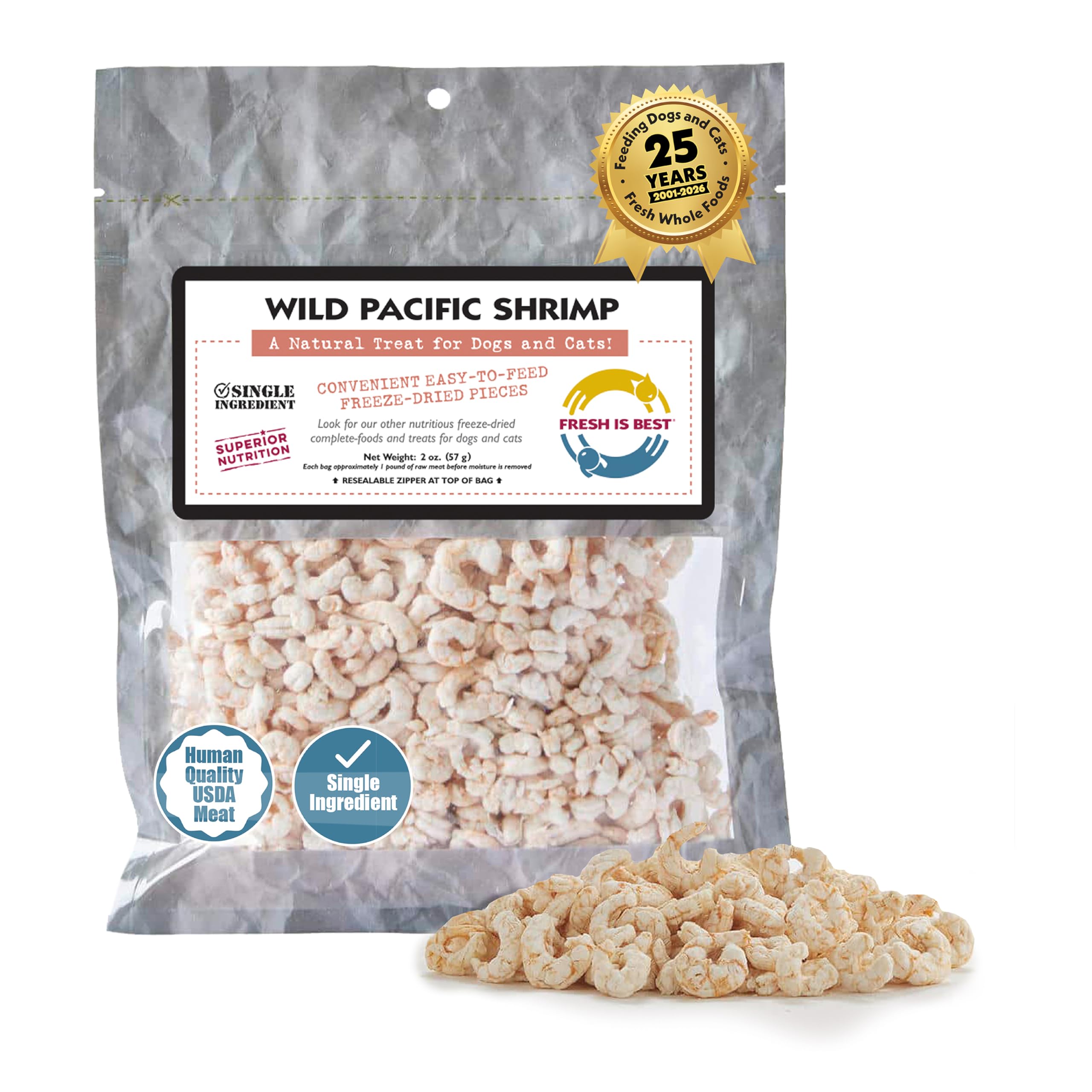 Sachet refermable Fresh Is Best avec crevettes sauvages du Pacifique, pour conserver la fraîcheur.
