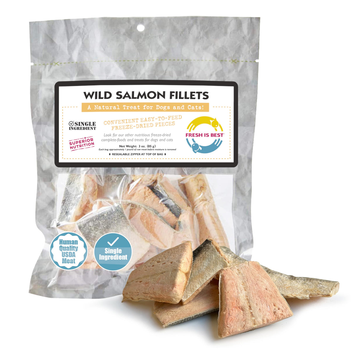 Fresh Is Best saumon-fillets-sachet-zippe : friandise protéinée pratique et fraîche.