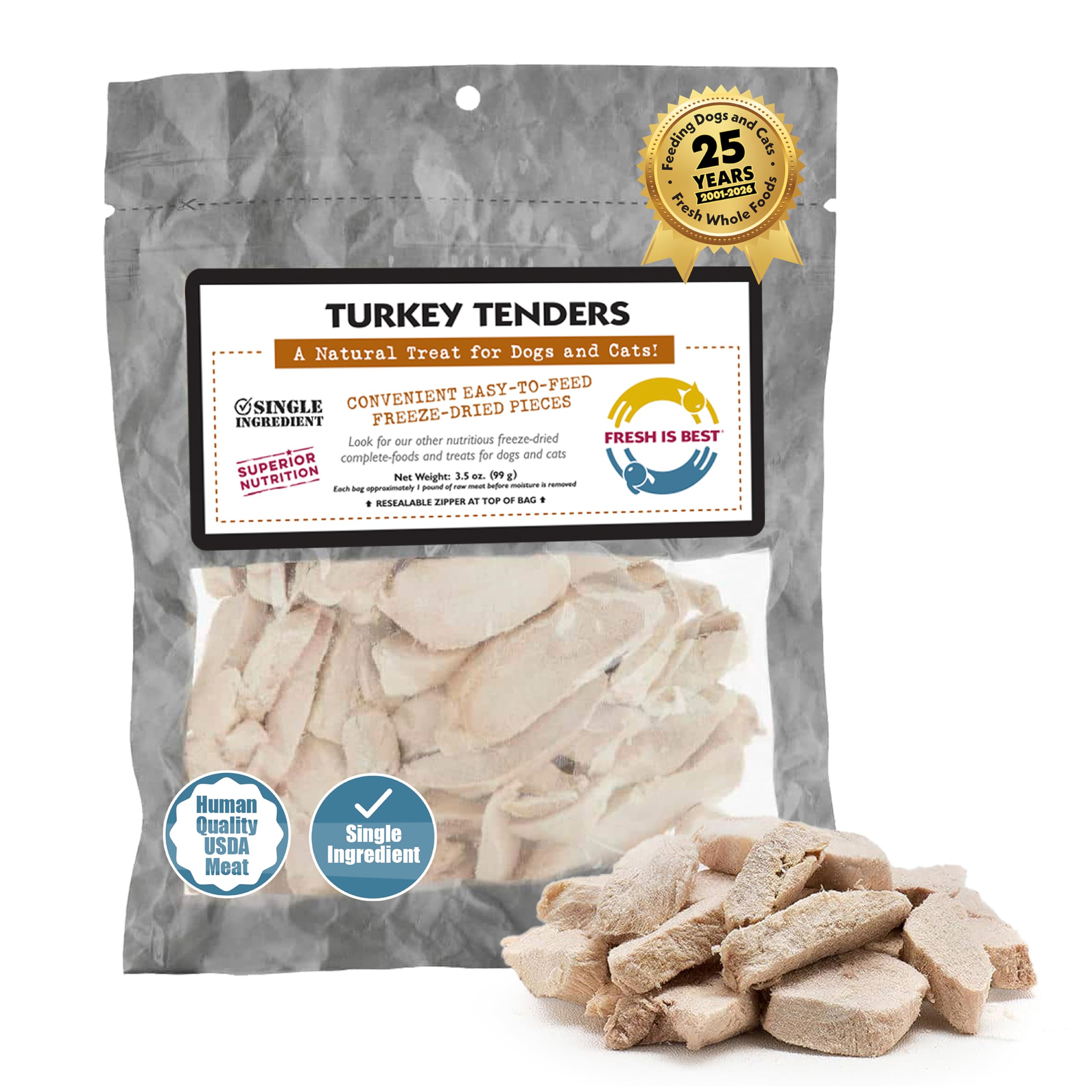 Fresh Is Best Tenders Dinde, lyophilisees dans sachet refermable, parfait pour récompenser chiens et chats.