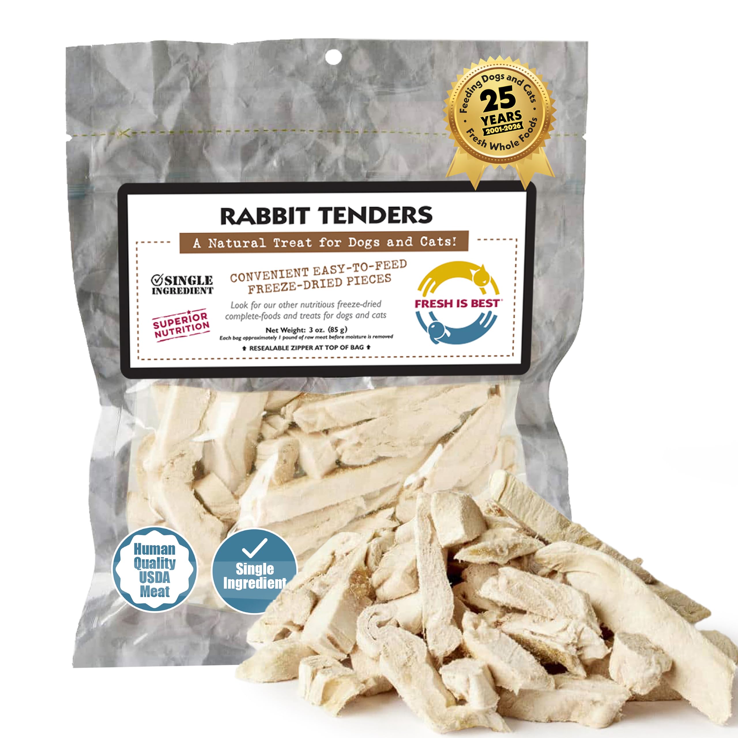 Fresh Is Best Tenders de Lapin dans emballage refermable, idéal pour récompenser votre chien.