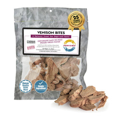 Fresh Is Best Venison Bites dans un sac fermé, récompense pratique et fraîche.