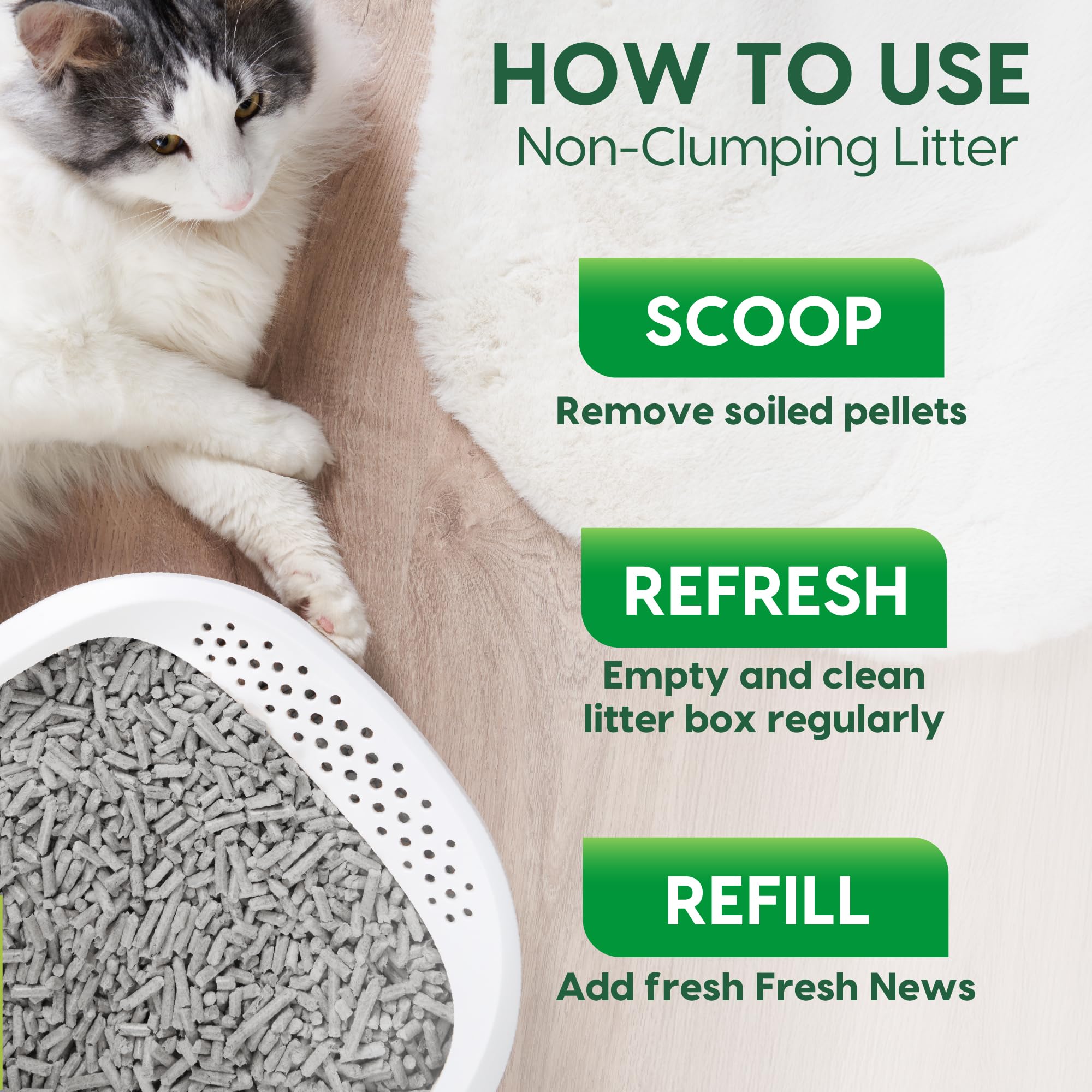 Papier recyclé à 100% dans la litière Fresh News, respectueux de l’environnement.