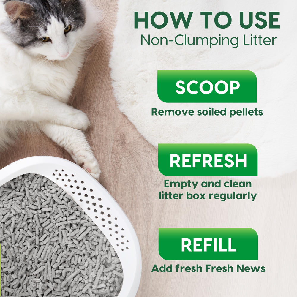 Papier recyclé à 100% dans la litière Fresh News, respectueux de l’environnement.