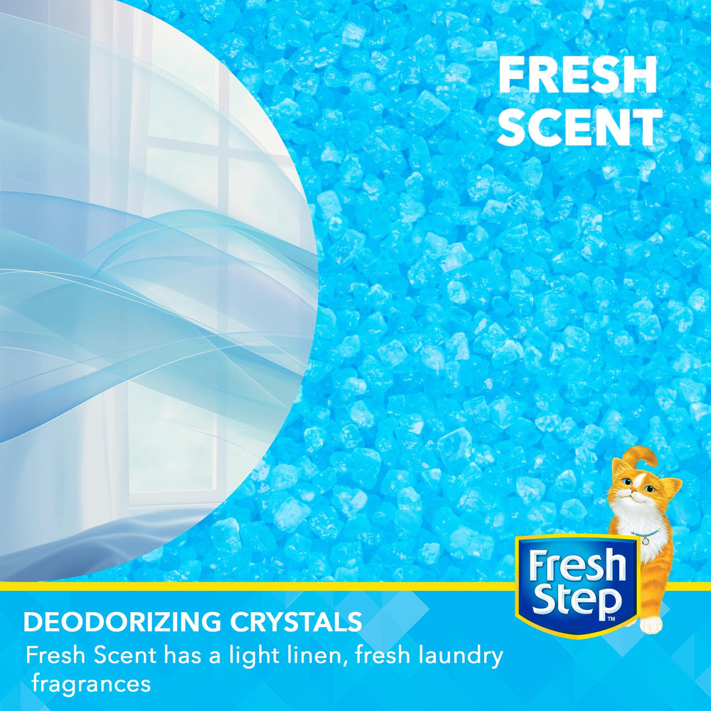 Fresh Step cristaux absorbent les odeurs de litière et protègent l’espace.