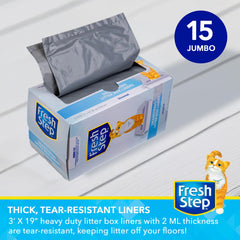 Fresh Step jumbo sac pour bac à litière rectangulaire, protection et manipulation facilitées.