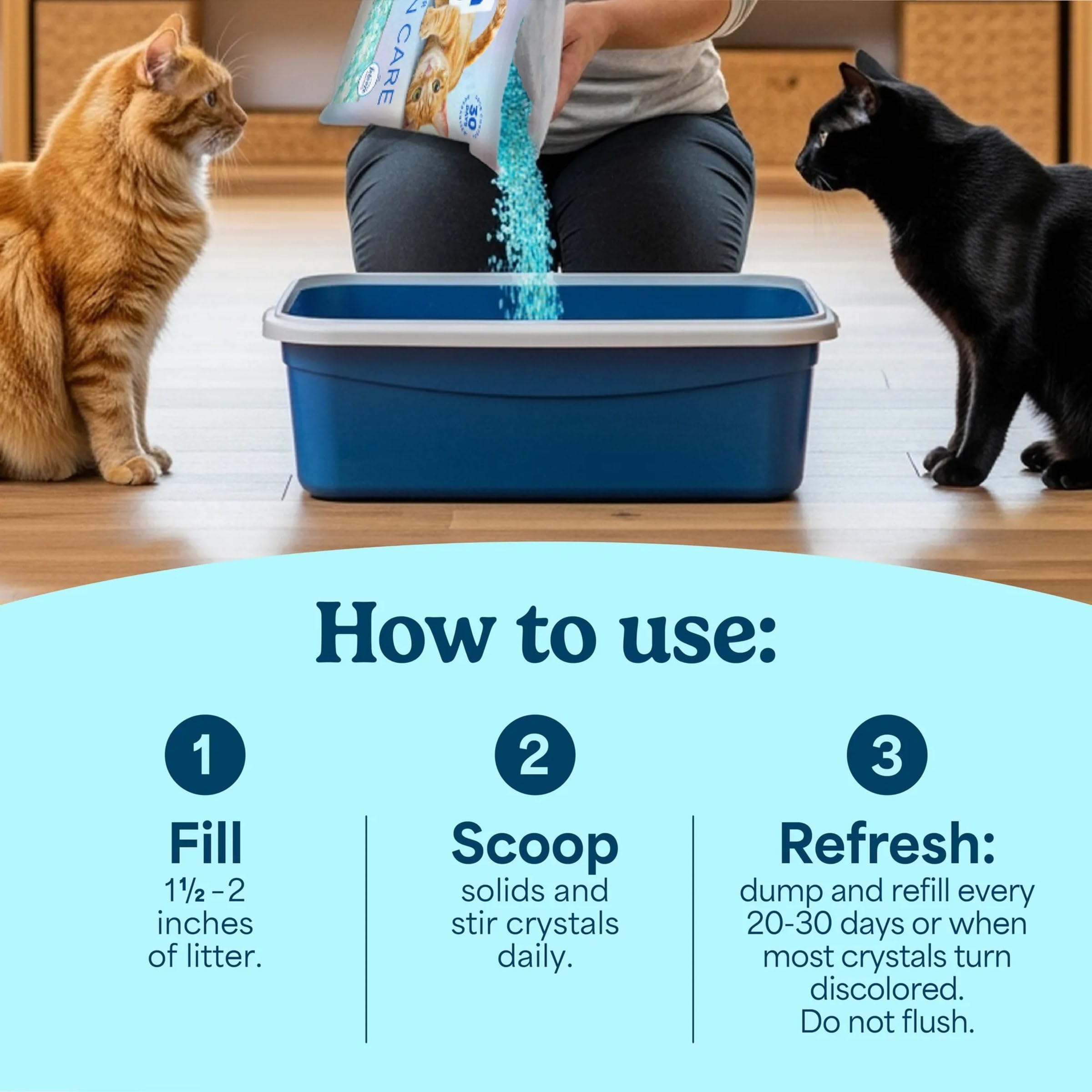 Fresh Step Litière Cristaux Chat — odeur maîtrisée jusqu'à 30 jours, sans effort quotidien.