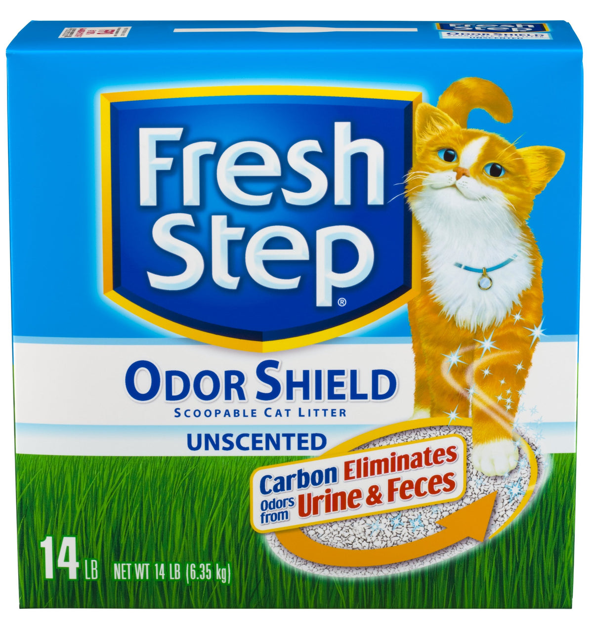 Fresh Step Litière Sans Parfum avec Charbon Actif, absorption rapide et réduction des odeurs.