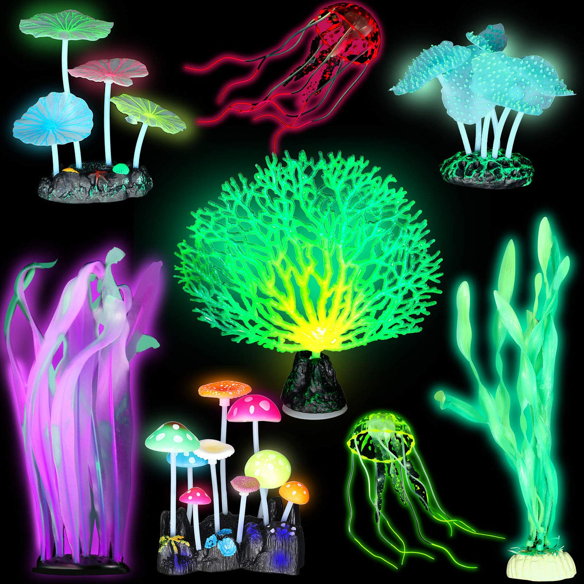 Frienda algue lumineuse kelp verte avec base en céramique, décor apaisant pour aquarium.
